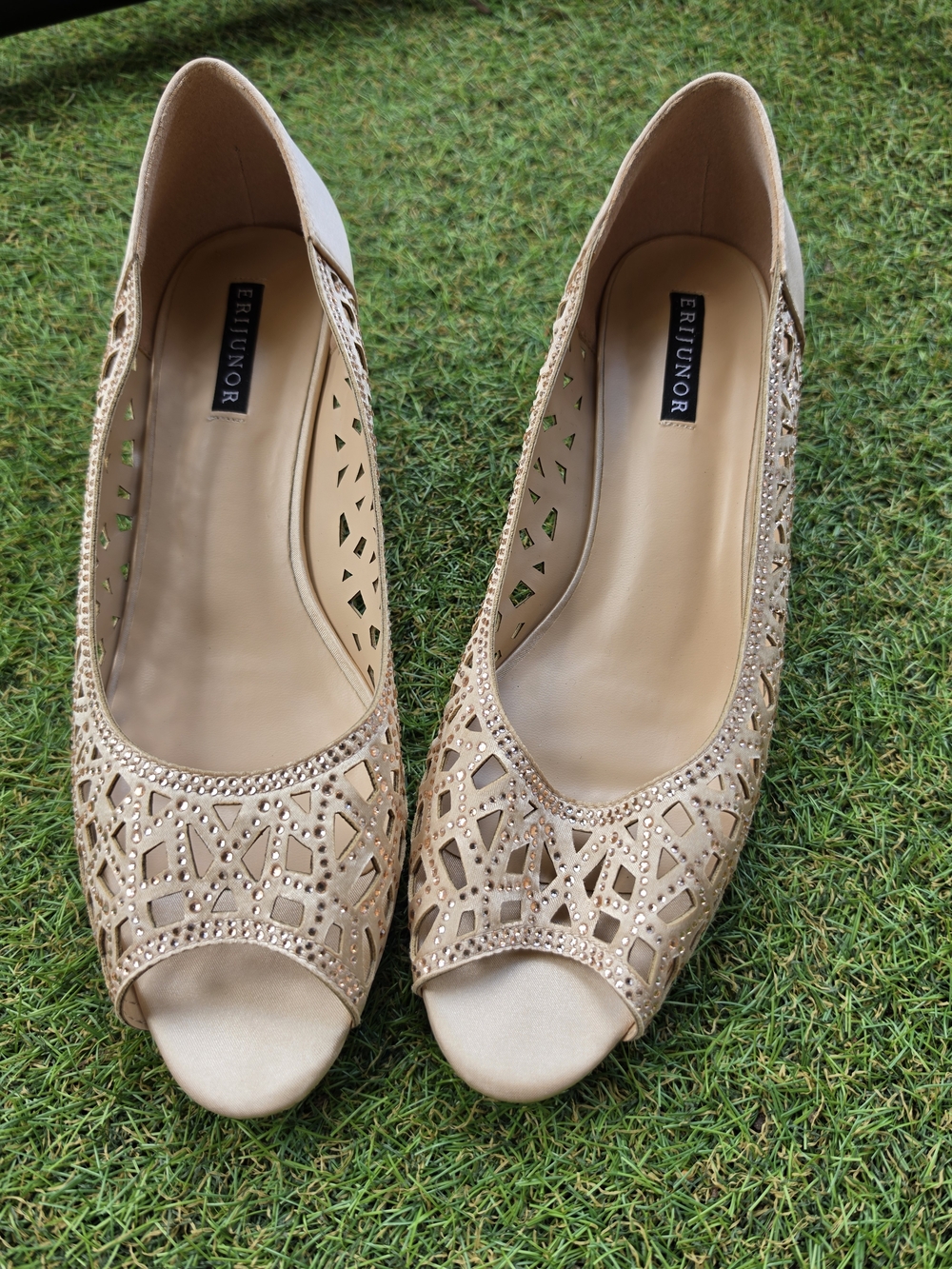 ERIJUNOR Nude Open-Toe Laser-Cut Heels